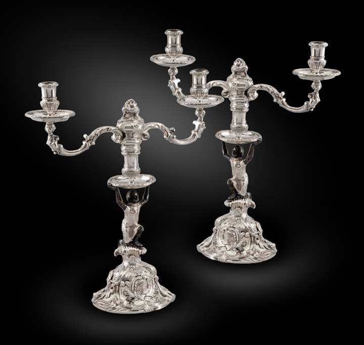 An Exceptionally Rare Pair of George II Two-Light Rococo Candelabra